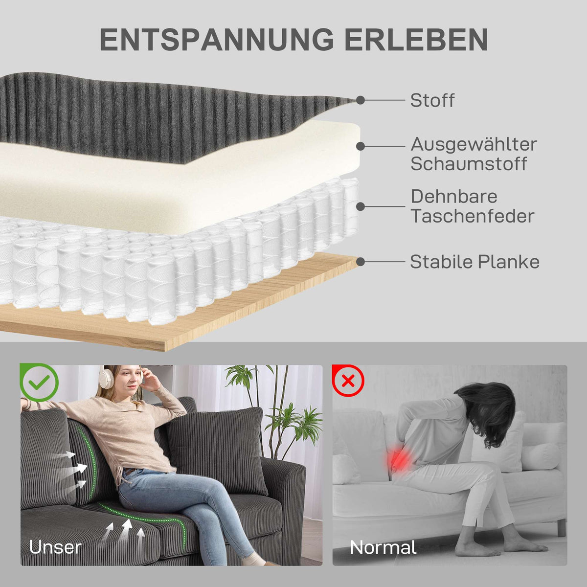 3-Seater Cord Sofa with Cushions, 212 cm, Dark Grey