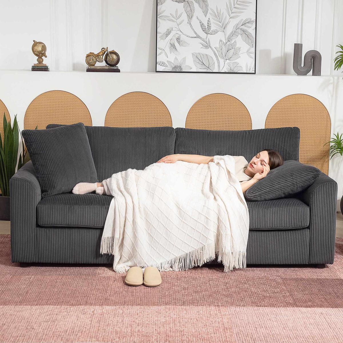 3-Seater Cord Sofa with Cushions, 212 cm, Dark Grey