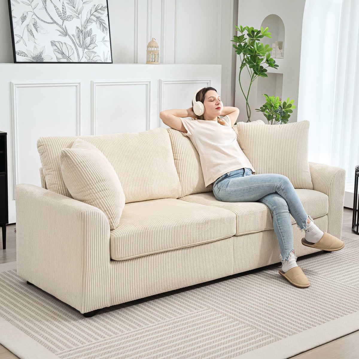3-Seater Cord Sofa with Cushions, Cream White, 212 cm