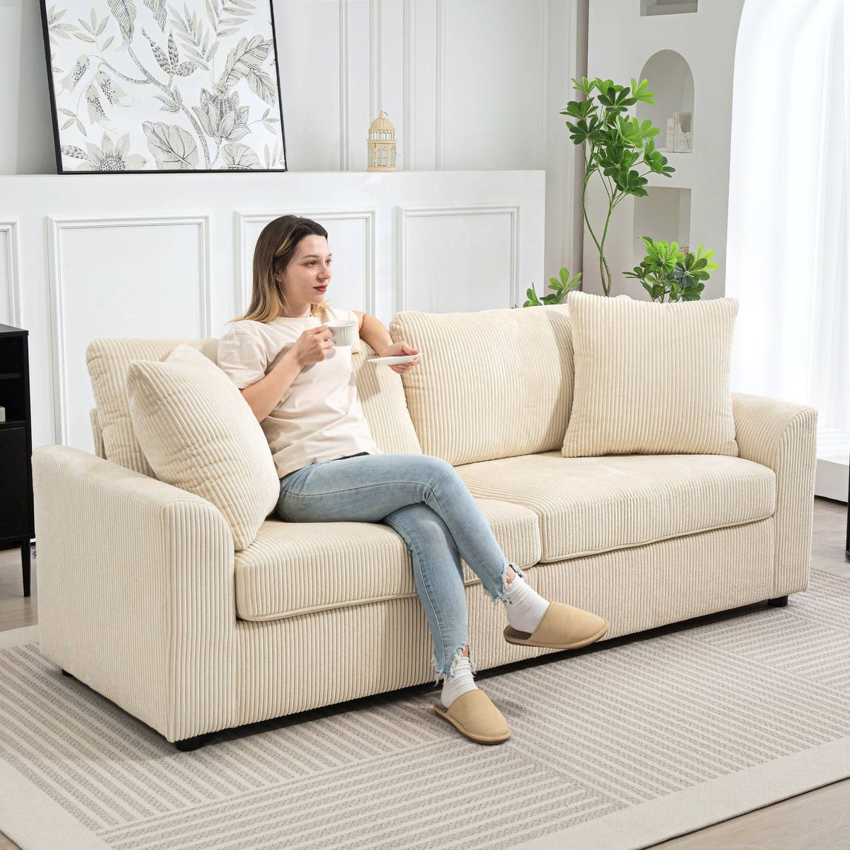 3-Seater Cord Sofa with Cushions, Cream White, 212 cm