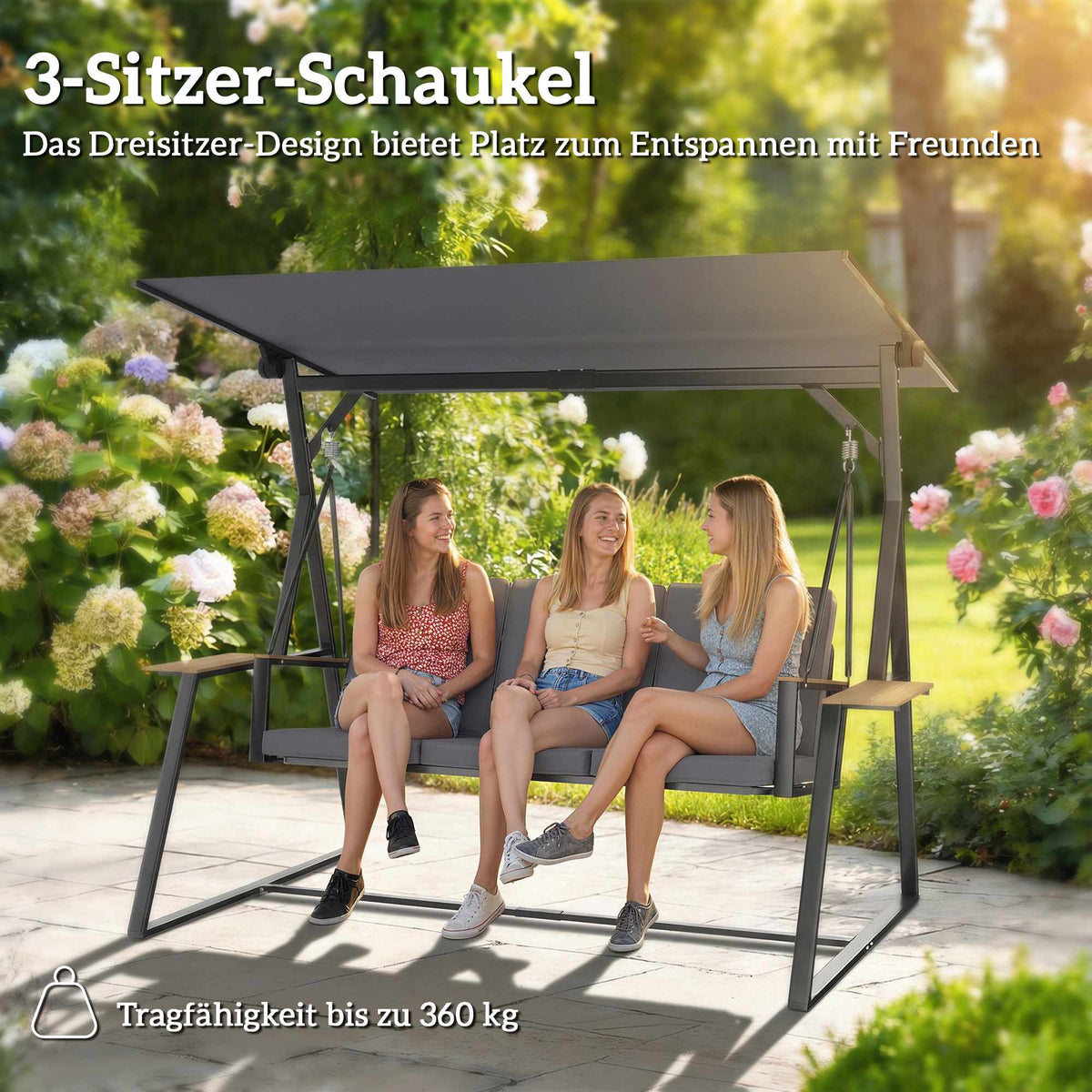 3-Seater Garden Swing with Adjustable Canopy and Trays, Grey