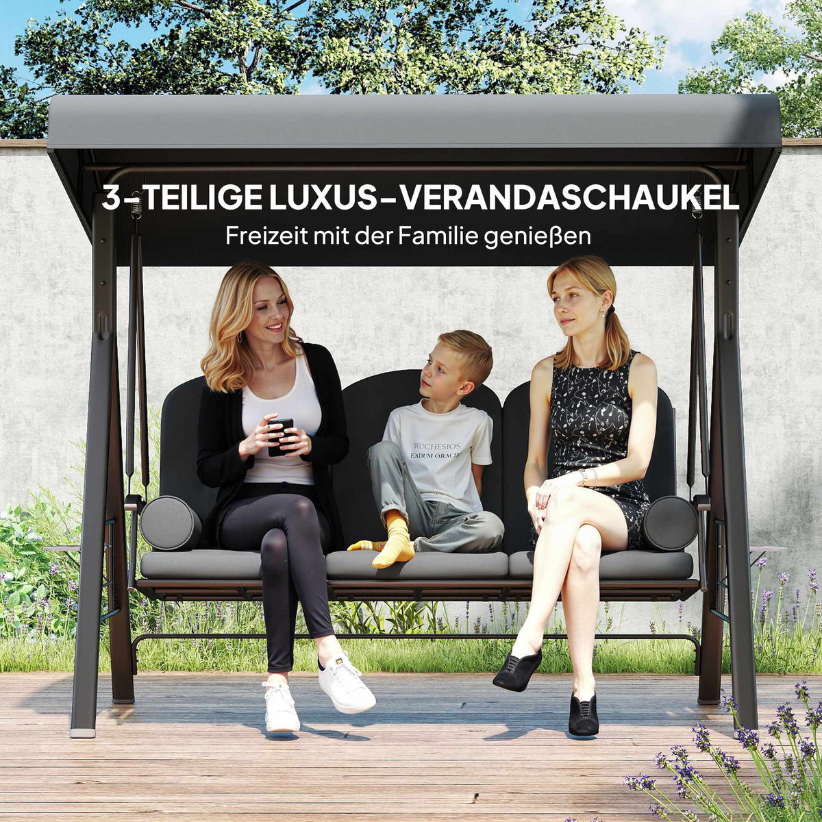 3-Seater Garden Swing with Canopy and Tray, Dark Grey