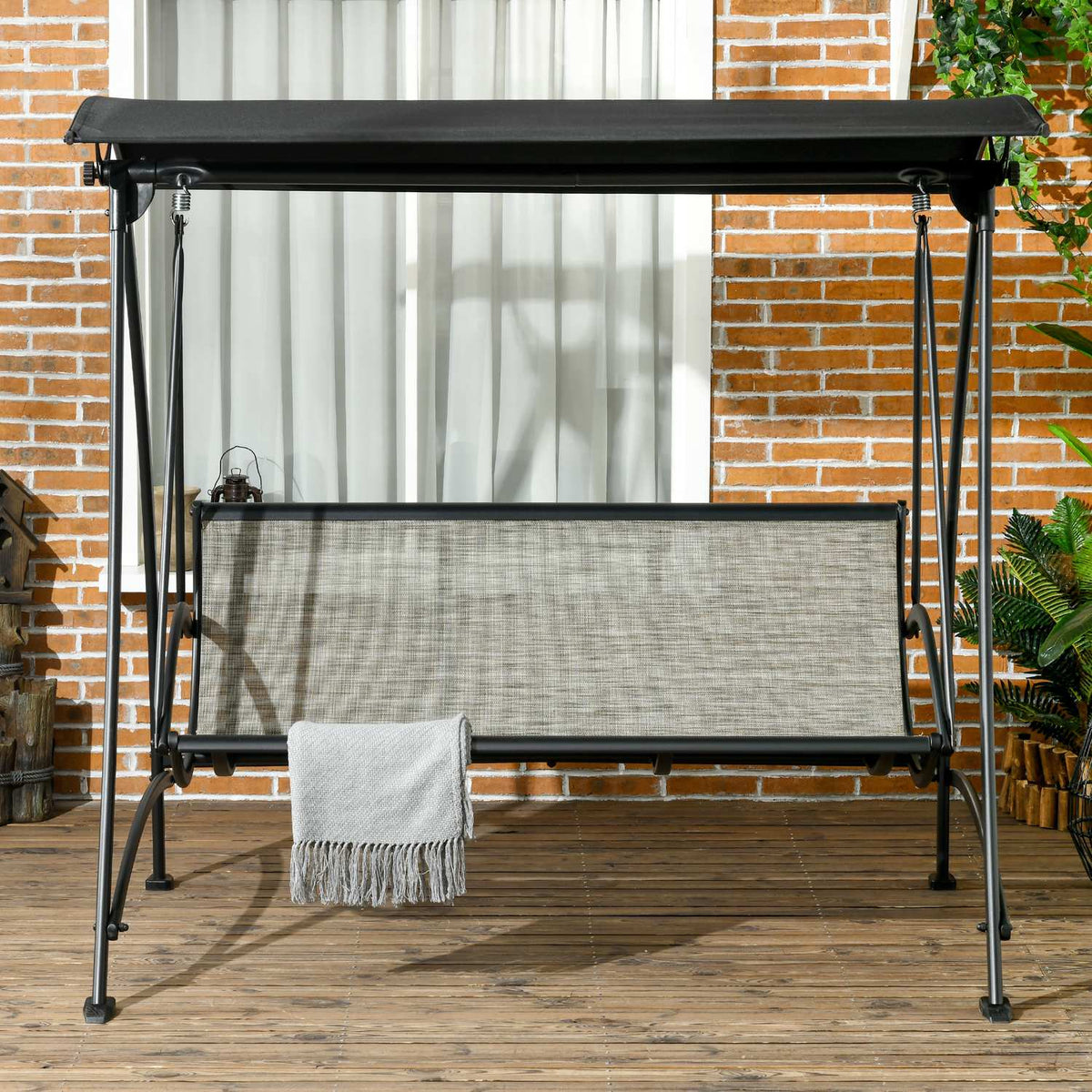 3-Seater Hollywood Swing, Garden Swing With Adjustable Sun Canopy, Uv Protection, Swing Bench Holds Up To 330 Kg, Textline, Black