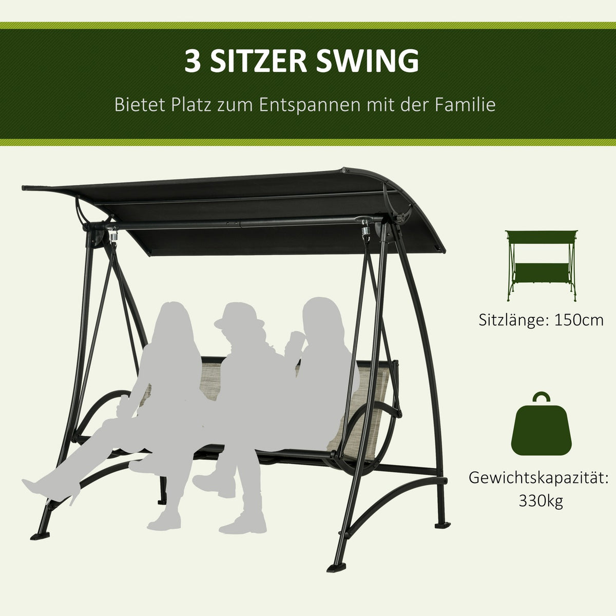 3-Seater Hollywood Swing, Garden Swing With Adjustable Sun Canopy, Uv Protection, Swing Bench Holds Up To 330 Kg, Textline, Black