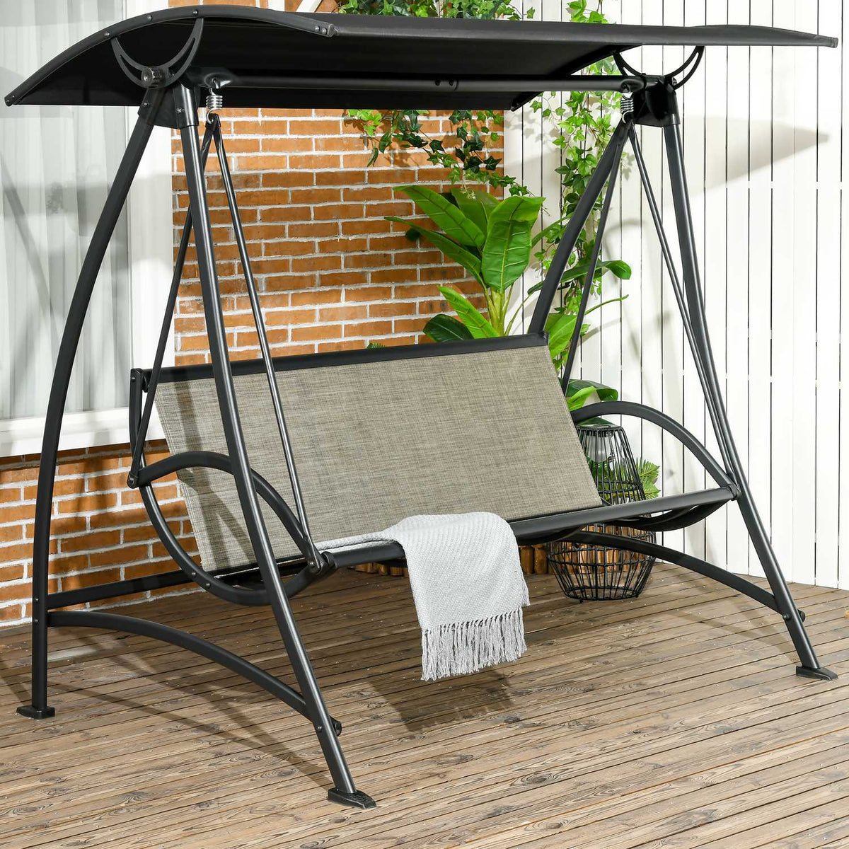 3-Seater Hollywood Swing, Garden Swing With Adjustable Sun Canopy, Uv Protection, Swing Bench Holds Up To 330 Kg, Textline, Black