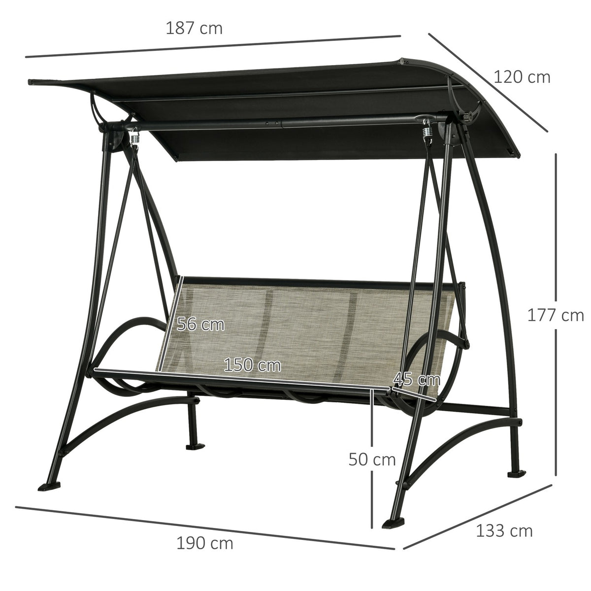 3-Seater Hollywood Swing, Garden Swing With Adjustable Sun Canopy, Uv Protection, Swing Bench Holds Up To 330 Kg, Textline, Black