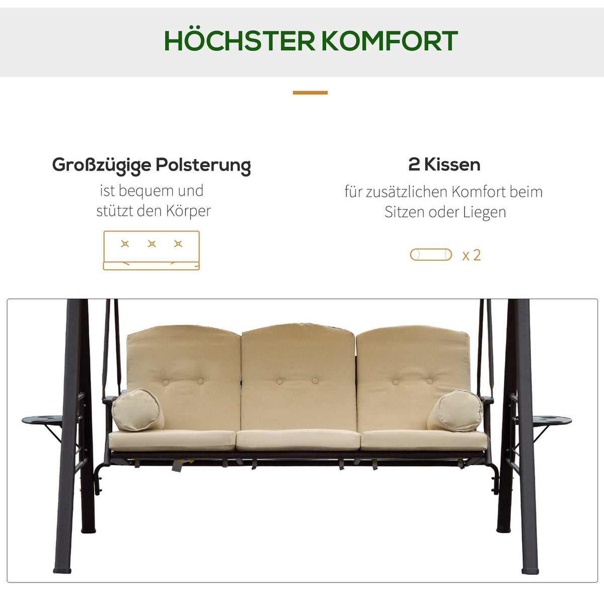 3-Seater Hollywood Swing Garden Swing With Sun Canopy Cushion Metal Polyester Beige + Brown 120 X 208 X 172 Cm