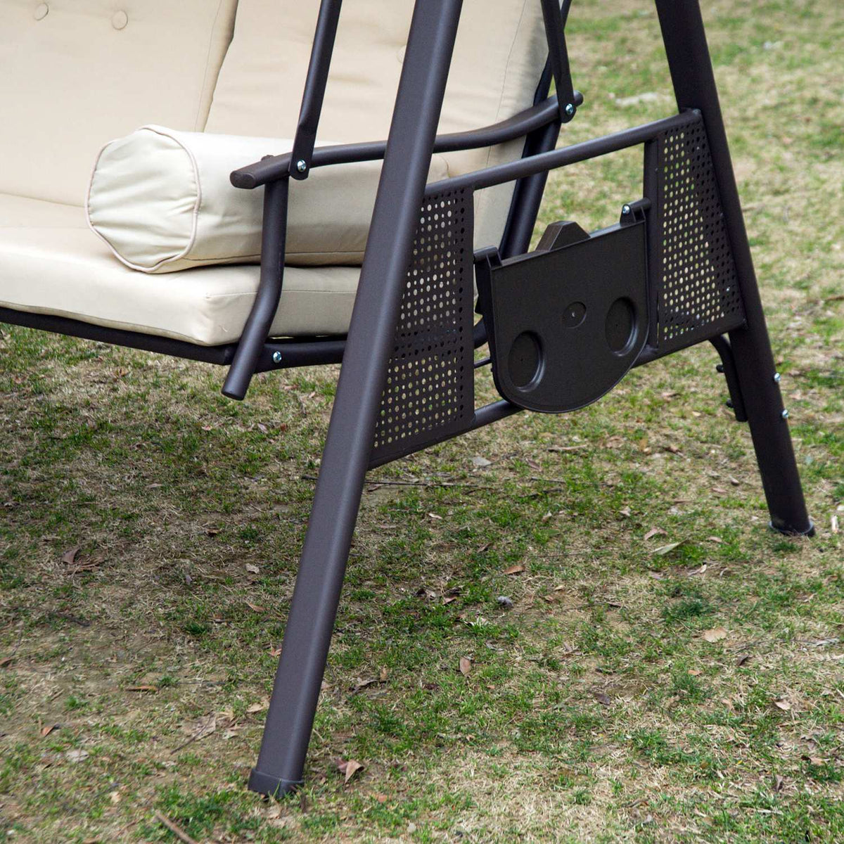 3-Seater Hollywood Swing Garden Swing With Sun Canopy Cushion Metal Polyester Beige + Brown 120 X 208 X 172 Cm