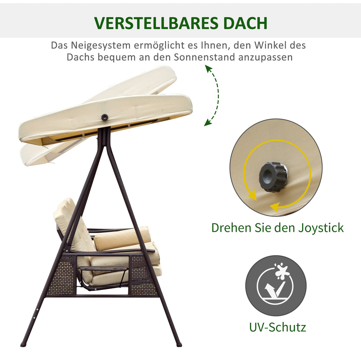 3-Seater Hollywood Swing Garden Swing With Sun Canopy Cushion Metal Polyester Beige + Brown 120 X 208 X 172 Cm