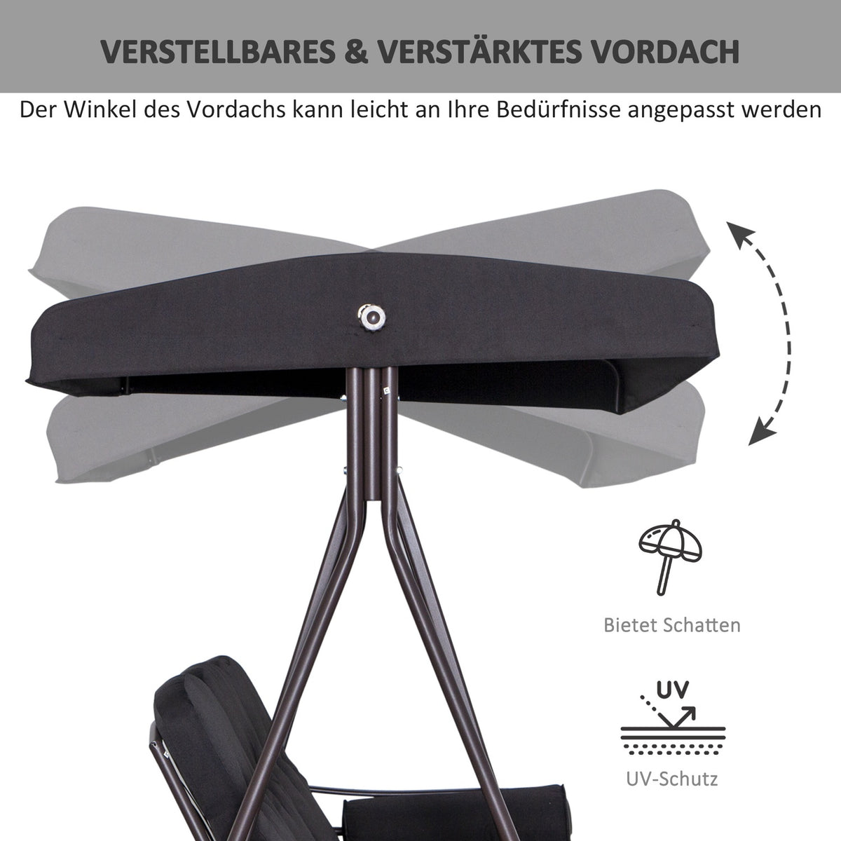 3-Seater Hollywood Swing Garden Swing With Sun Canopy Cushion Metal Polyester Black 116 X 206 X 183 Cm