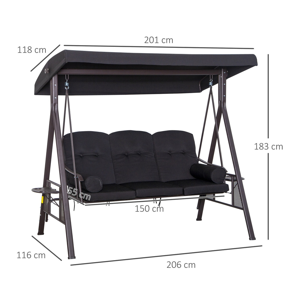 3-Seater Hollywood Swing Garden Swing With Sun Canopy Cushion Metal Polyester Black 116 X 206 X 183 Cm