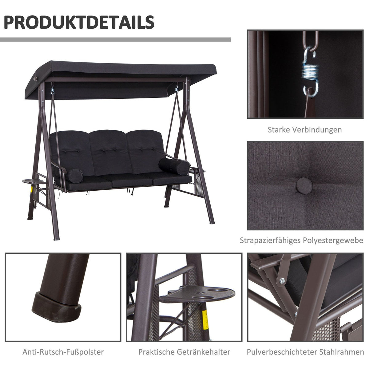 3-Seater Hollywood Swing Garden Swing With Sun Canopy Cushion Metal Polyester Black 116 X 206 X 183 Cm