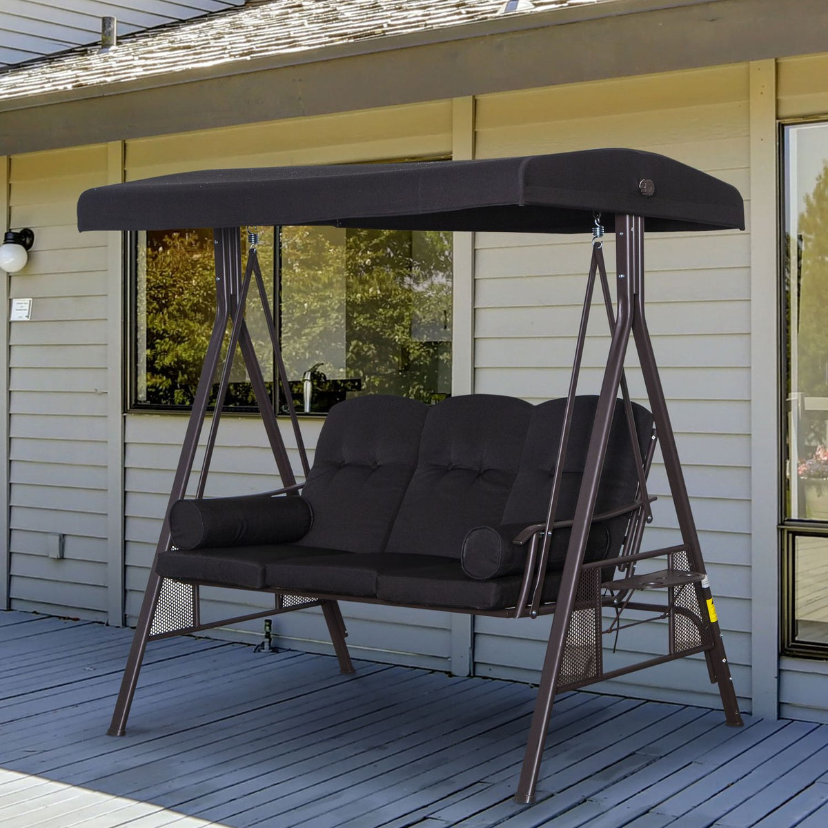 3-Seater Hollywood Swing Garden Swing With Sun Canopy Cushion Metal Polyester Black 116 X 206 X 183 Cm