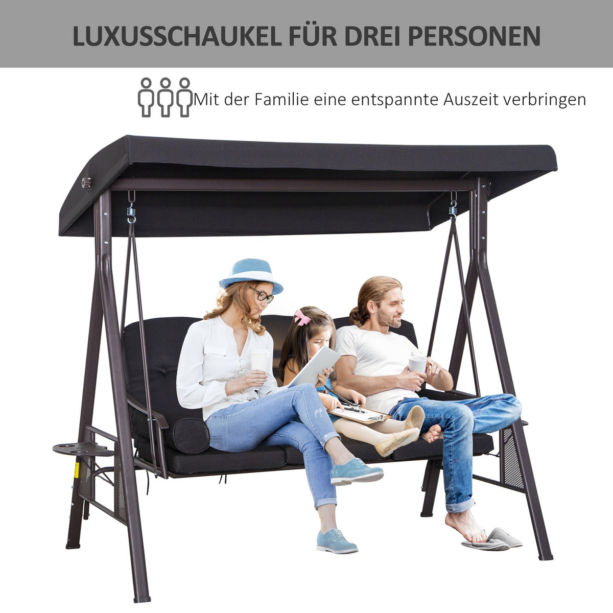 3-Seater Hollywood Swing Garden Swing With Sun Canopy Cushion Metal Polyester Black 116 X 206 X 183 Cm