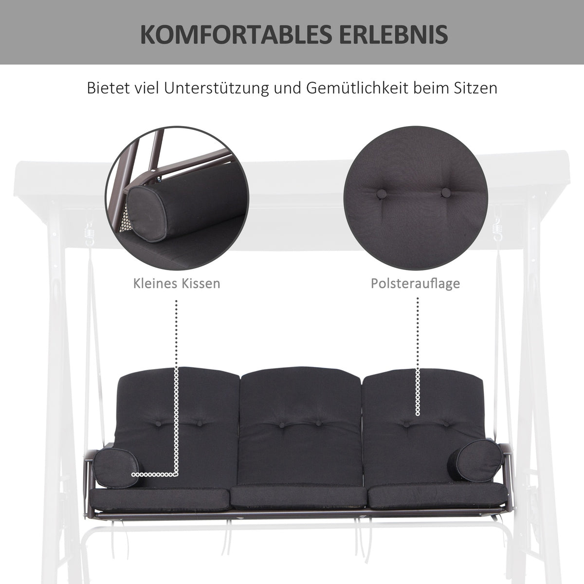 3-Seater Hollywood Swing Garden Swing With Sun Canopy Cushion Metal Polyester Black 116 X 206 X 183 Cm