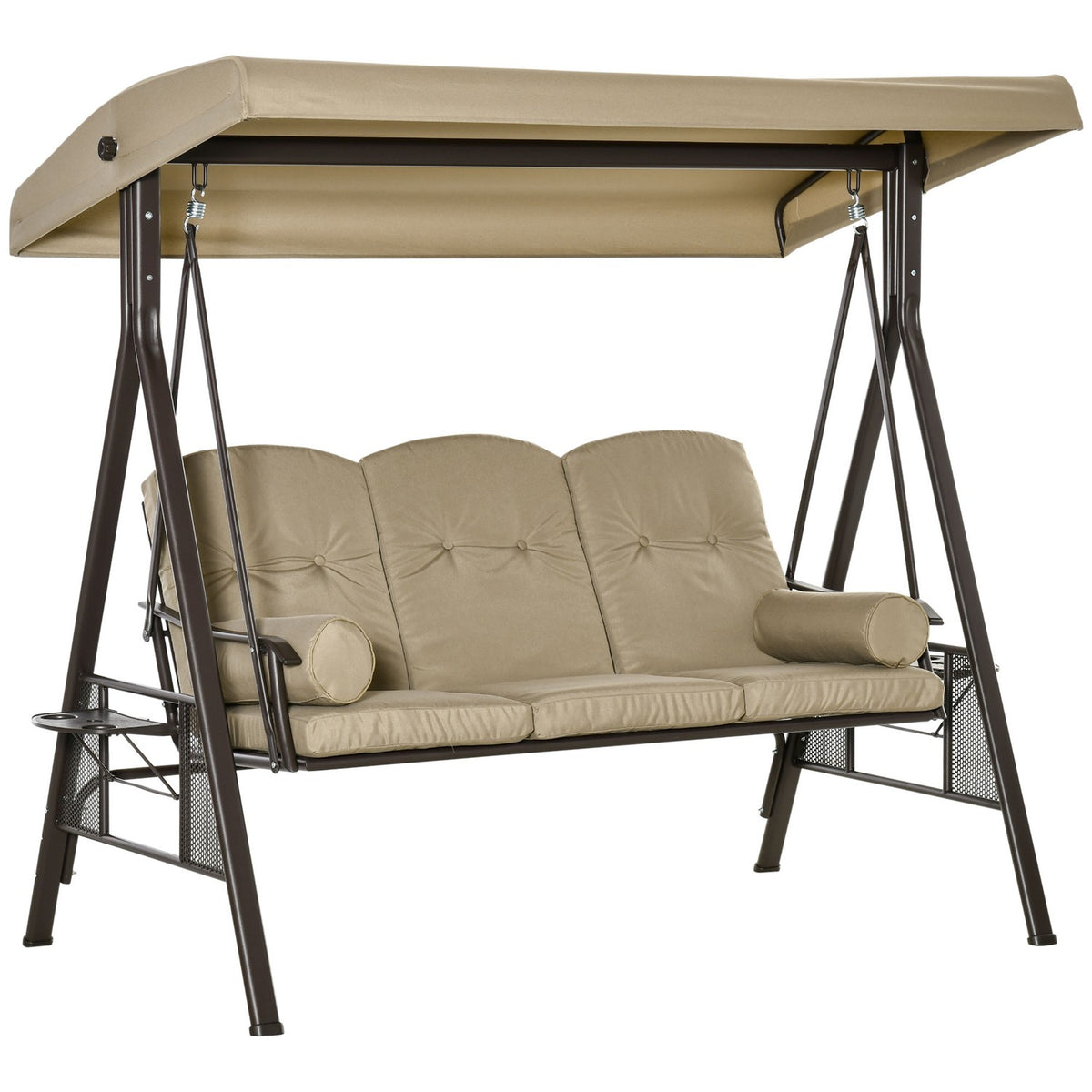 3-Seater Hollywood Swing Garden Swing With Sun Canopy Cushion Metal Polyester Khaki 116 X 206 X 183 Cm