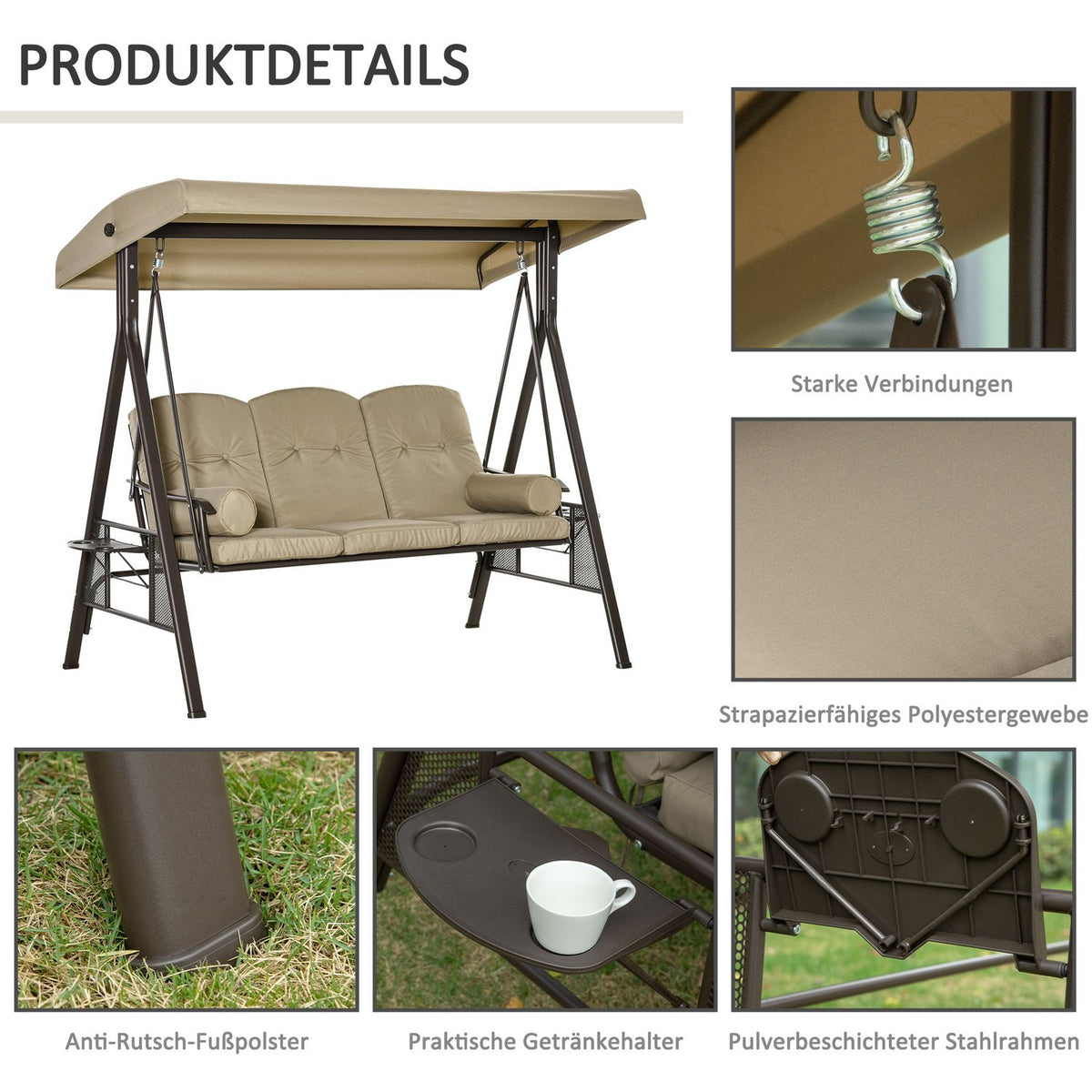 3-Seater Hollywood Swing Garden Swing With Sun Canopy Cushion Metal Polyester Khaki 116 X 206 X 183 Cm