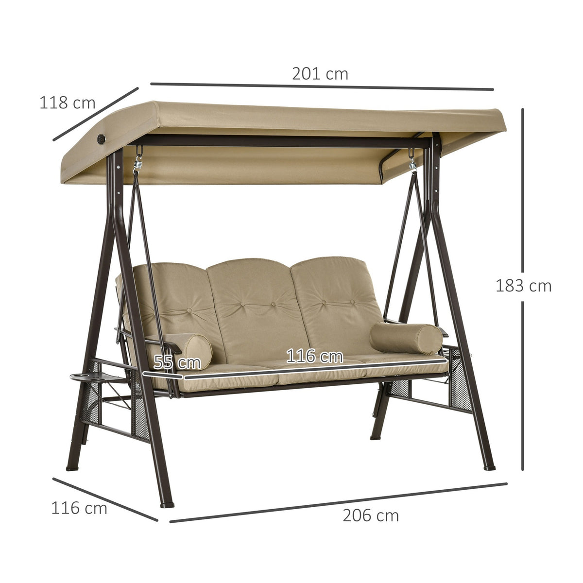 3-Seater Hollywood Swing Garden Swing With Sun Canopy Cushion Metal Polyester Khaki 116 X 206 X 183 Cm