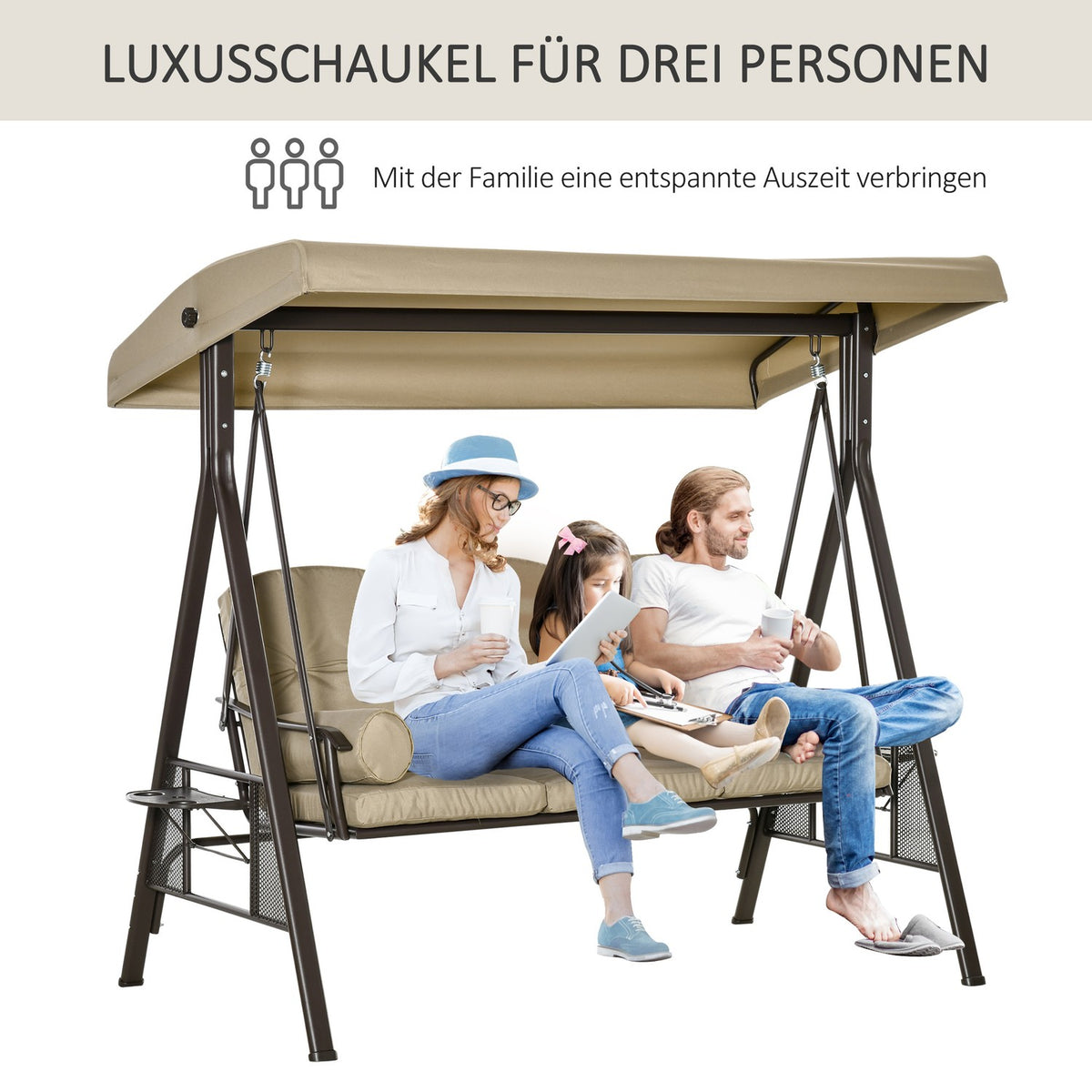 3-Seater Hollywood Swing Garden Swing With Sun Canopy Cushion Metal Polyester Khaki 116 X 206 X 183 Cm