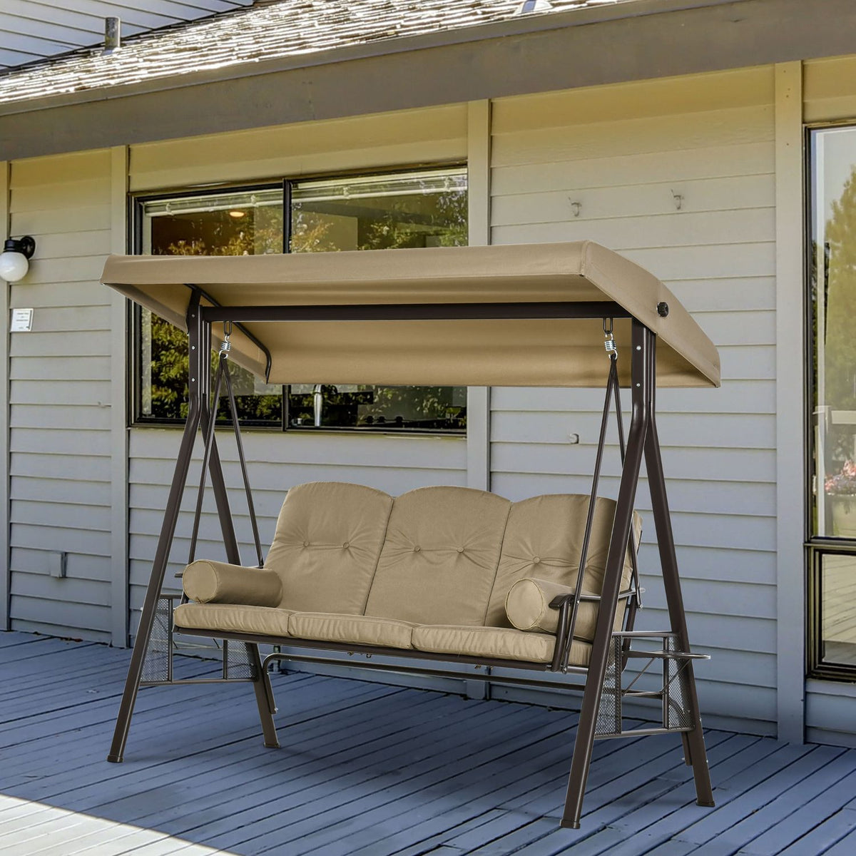3-Seater Hollywood Swing Garden Swing With Sun Canopy Cushion Metal Polyester Khaki 116 X 206 X 183 Cm