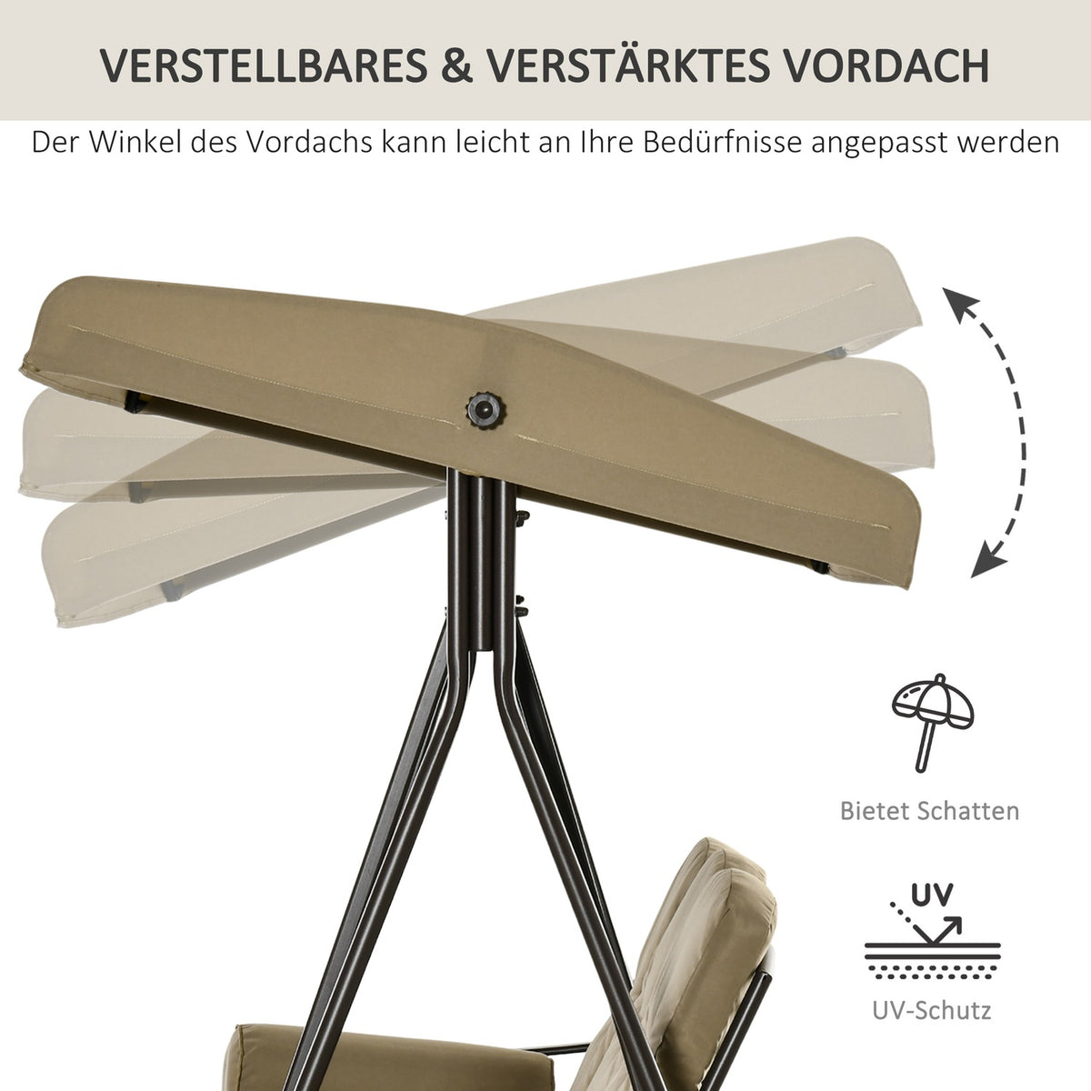 3-Seater Hollywood Swing Garden Swing With Sun Canopy Cushion Metal Polyester Khaki 116 X 206 X 183 Cm