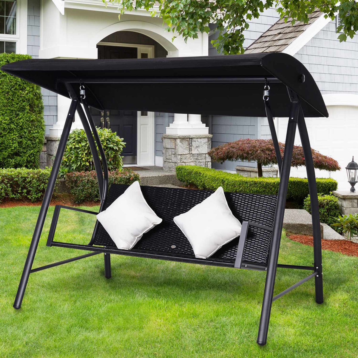 3-Seater Hollywood Swing Polyrattan Metal With Cushion Holds Up To 360Kg New (Black)
