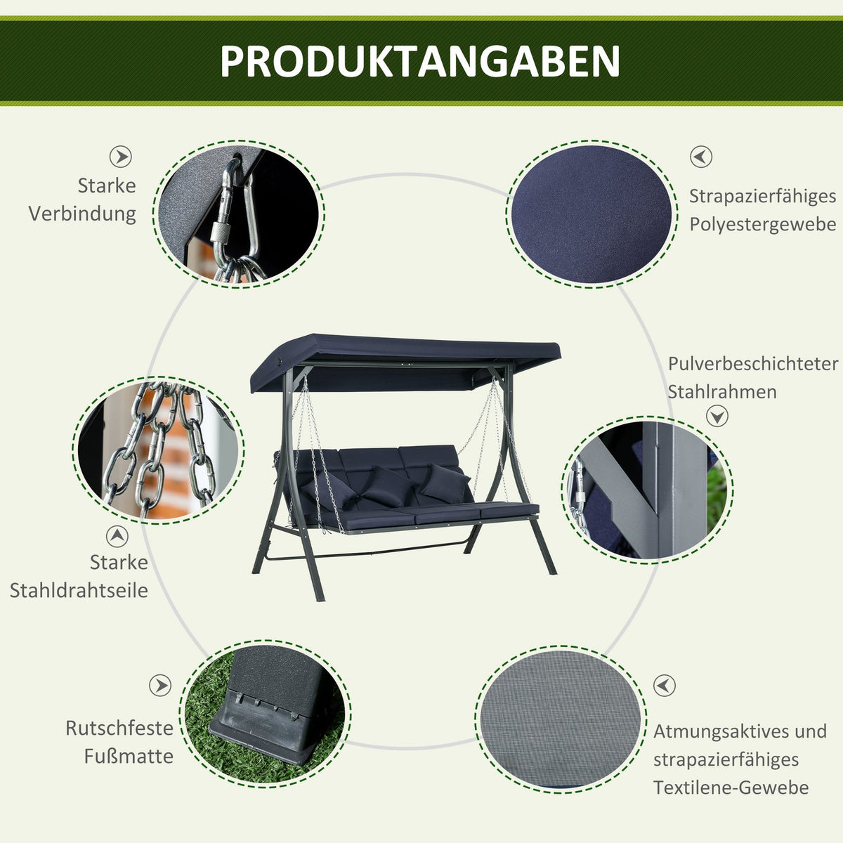 3-Seater Hollywood Swing, Swing Bench With Adjustable Sun Canopy, Garden Swing With Cushion, Load Capacity Up To 270 Kg, Metal, Textline, Dark Blue, 198 X 118 X 168 Cm