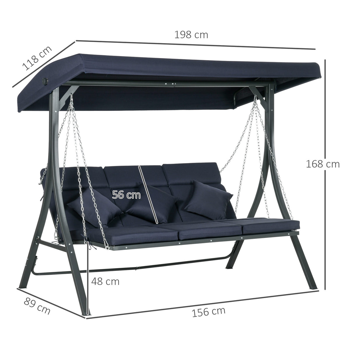 3-Seater Hollywood Swing, Swing Bench With Adjustable Sun Canopy, Garden Swing With Cushion, Load Capacity Up To 270 Kg, Metal, Textline, Dark Blue, 198 X 118 X 168 Cm