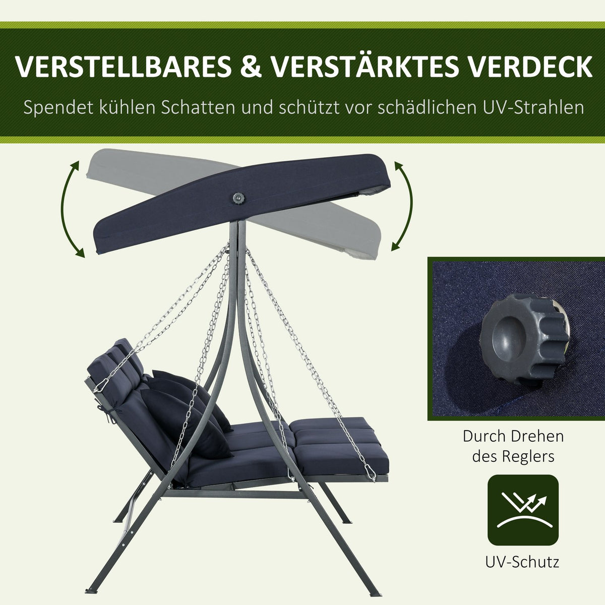 3-Seater Hollywood Swing, Swing Bench With Adjustable Sun Canopy, Garden Swing With Cushion, Load Capacity Up To 270 Kg, Metal, Textline, Dark Blue, 198 X 118 X 168 Cm