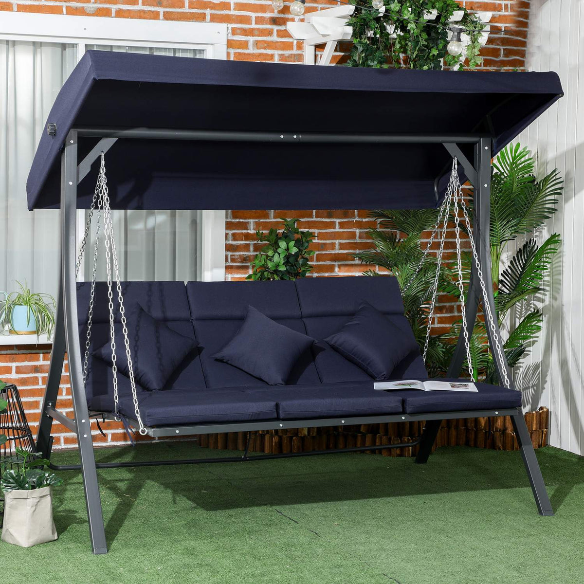 3-Seater Hollywood Swing, Swing Bench With Adjustable Sun Canopy, Garden Swing With Cushion, Load Capacity Up To 270 Kg, Metal, Textline, Dark Blue, 198 X 118 X 168 Cm