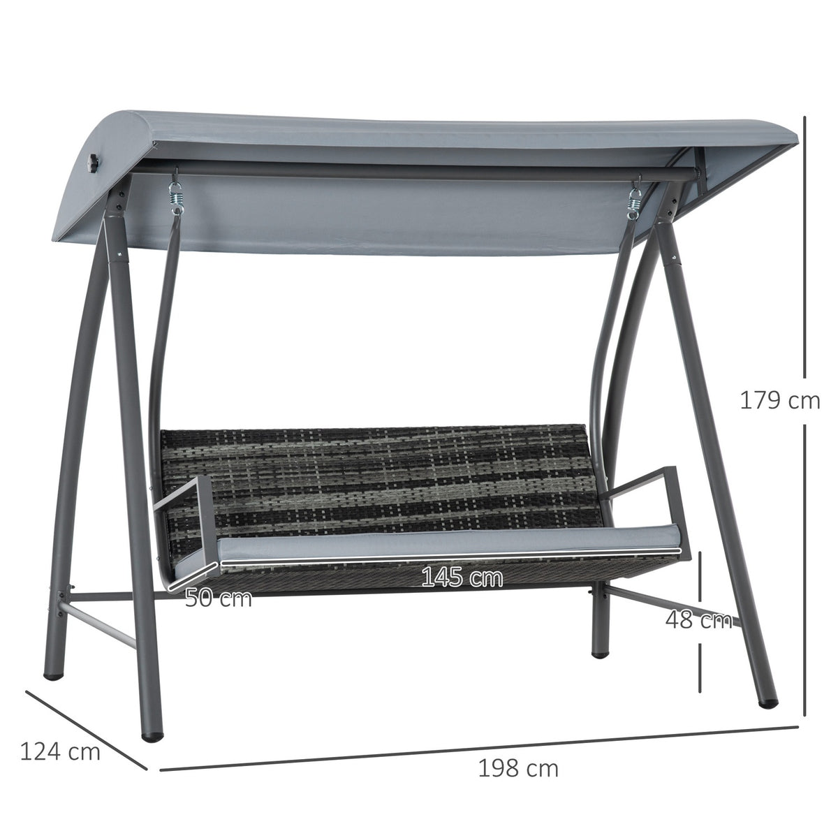 3-Seater Hollywood Swing With Roof Garden Swing Polyrattan + Metal Gray 198 X 124 X 179 Cm