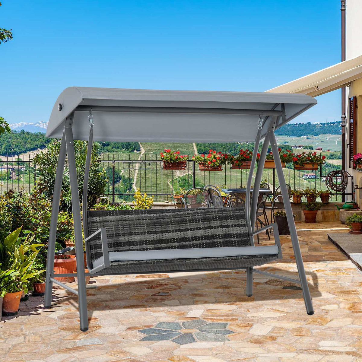 3-Seater Hollywood Swing With Roof Garden Swing Polyrattan + Metal Gray 198 X 124 X 179 Cm