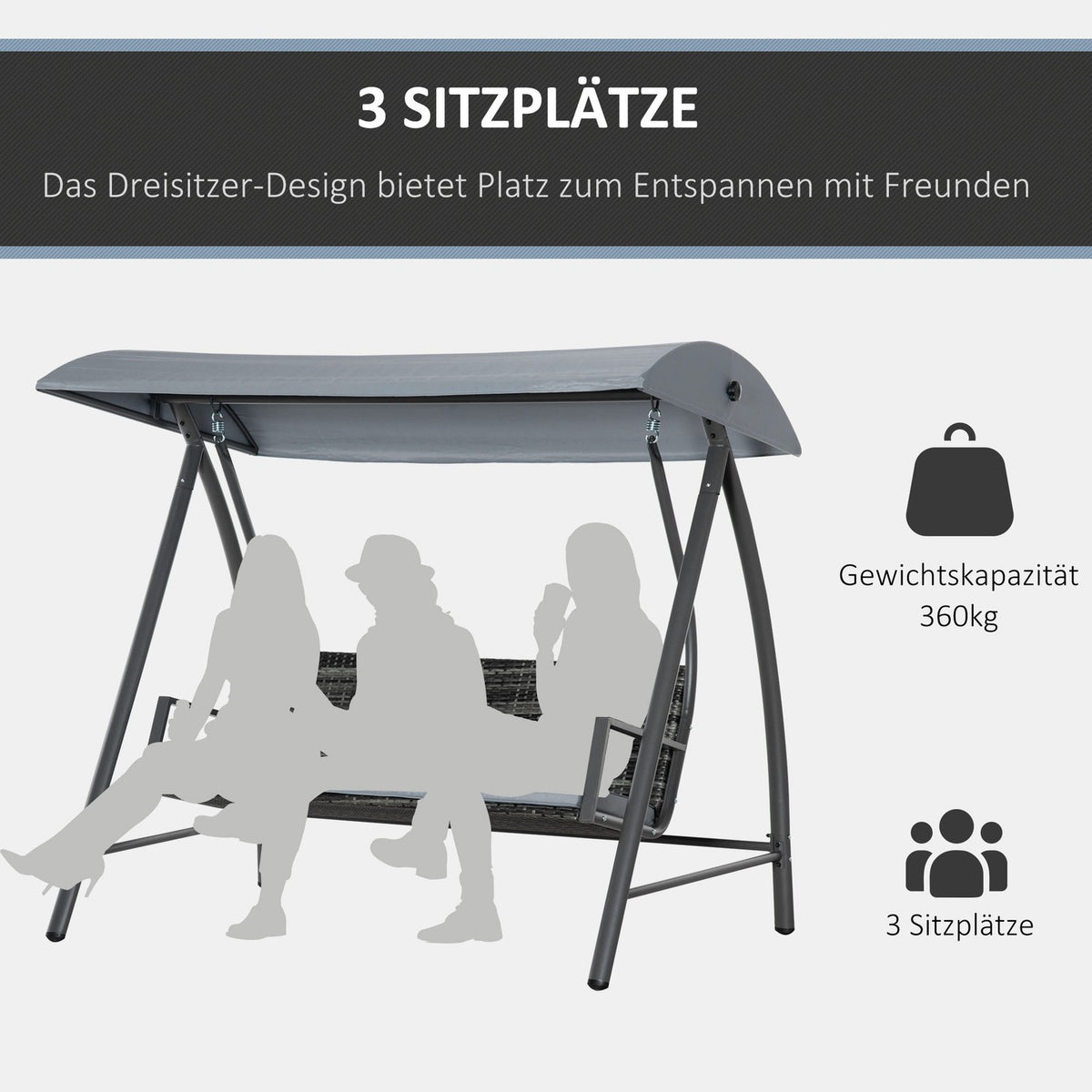 3-Seater Hollywood Swing With Roof Garden Swing Polyrattan + Metal Gray 198 X 124 X 179 Cm