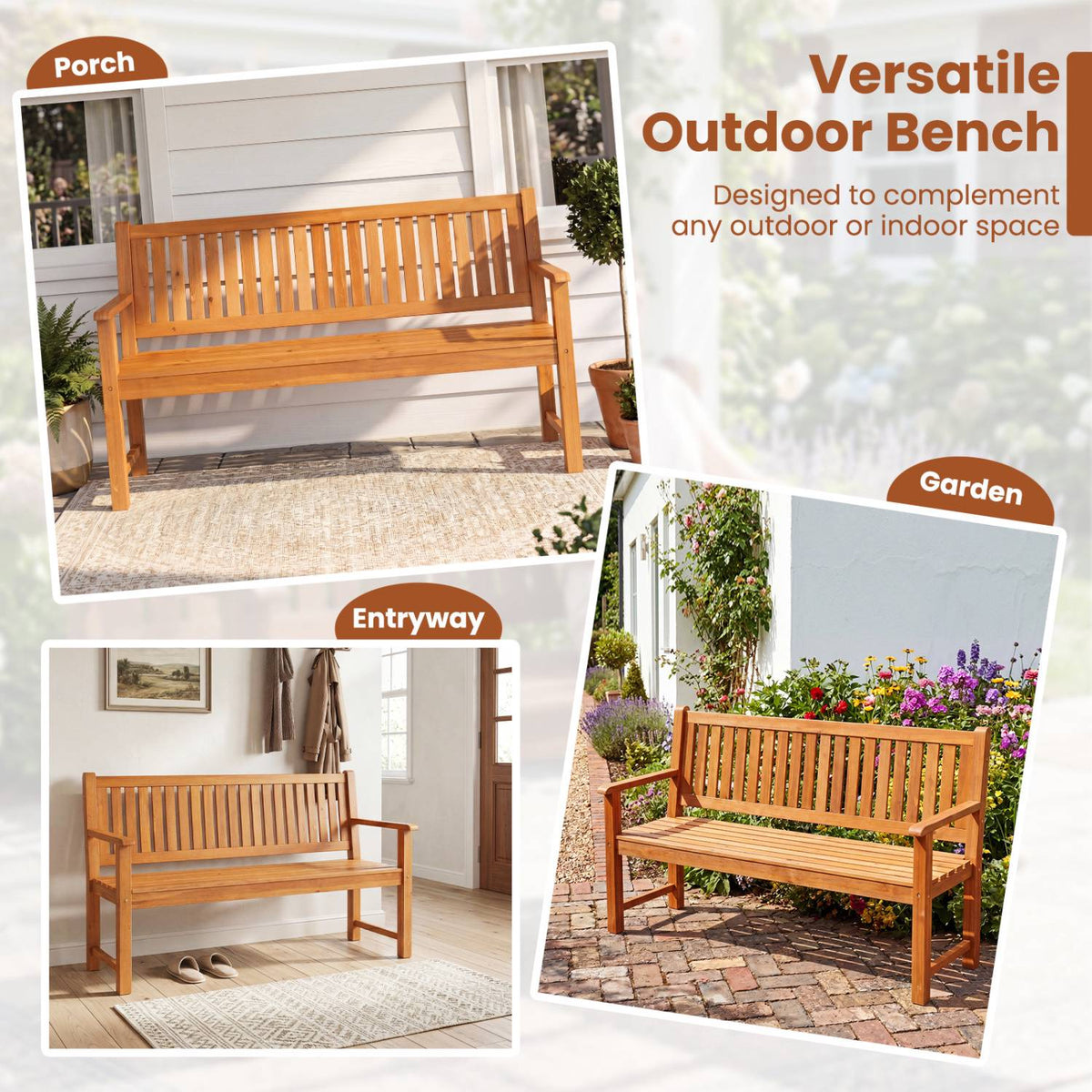 3-Seater Outdoor Wooden Bench, 59" Fir Wood, Brown