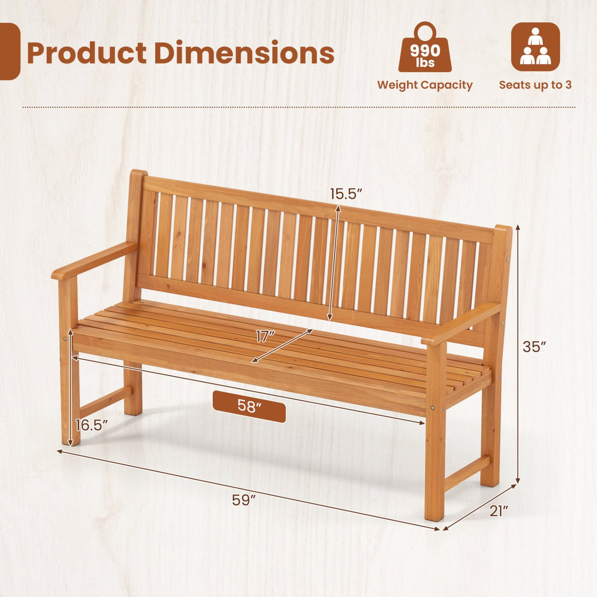 3-Seater Outdoor Wooden Bench, 59" Fir Wood, Brown