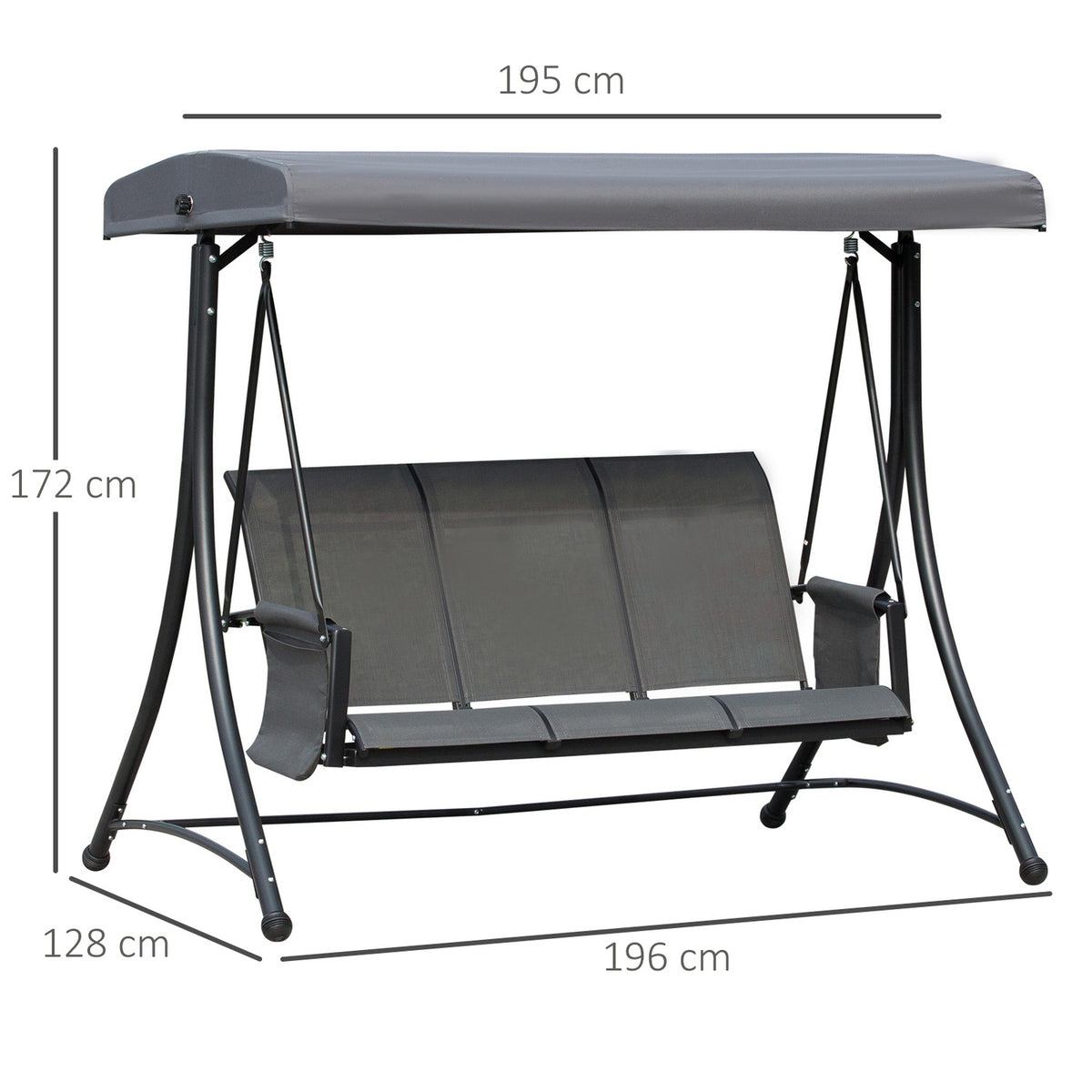 3-Seater Porch Swing, Garden Swing With Sun Canopy, Swing Bench With Shelf, Aluminum, Gray, 196 X 128 X 172 Cm