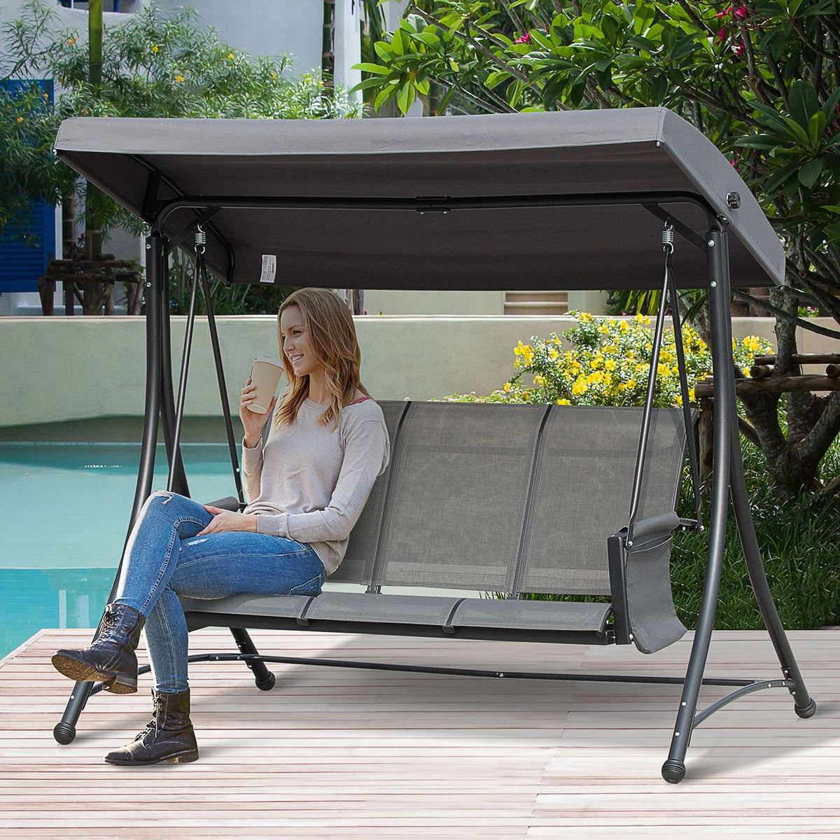 3-Seater Porch Swing, Garden Swing With Sun Canopy, Swing Bench With Shelf, Aluminum, Gray, 196 X 128 X 172 Cm