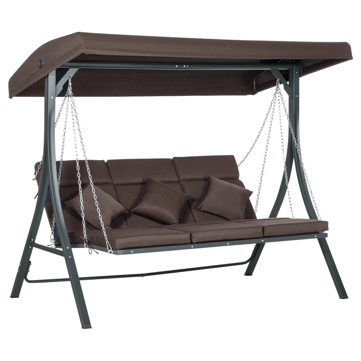 3-Seater Porch Swing, Swing Bench With Adjustable Sun Canopy, With Cushion, Load Capacity Up To 270 Kg, Metal, Textline, Brown