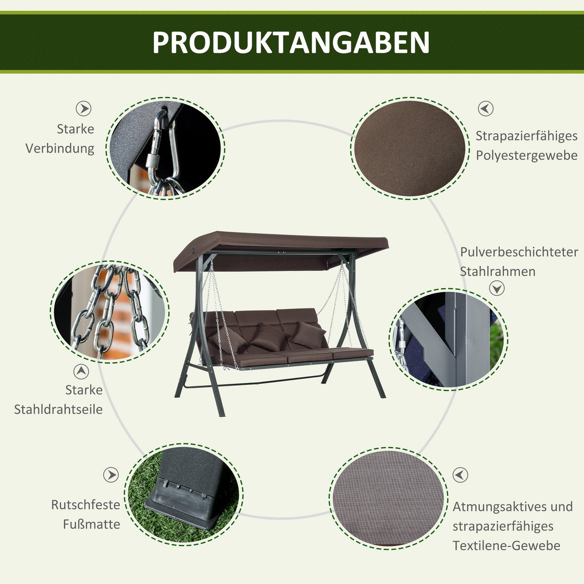 3-Seater Porch Swing, Swing Bench With Adjustable Sun Canopy, With Cushion, Load Capacity Up To 270 Kg, Metal, Textline, Brown