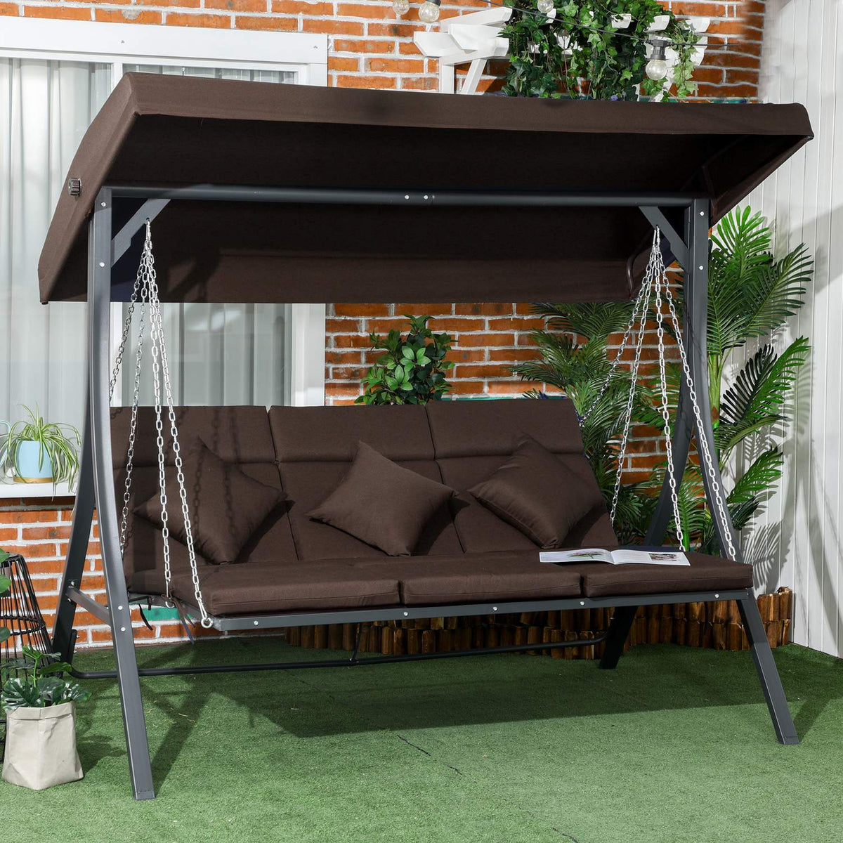 3-Seater Porch Swing, Swing Bench With Adjustable Sun Canopy, With Cushion, Load Capacity Up To 270 Kg, Metal, Textline, Brown