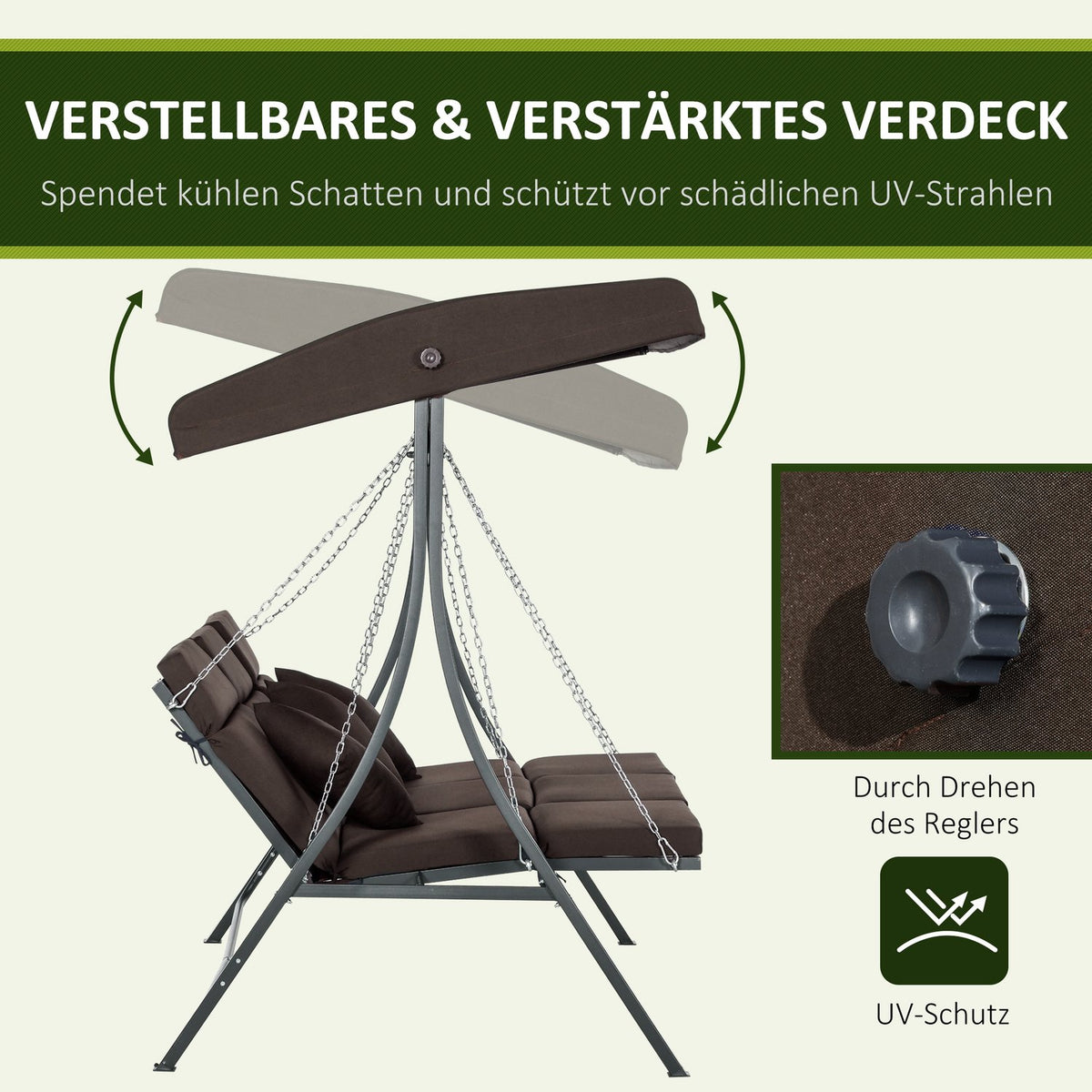 3-Seater Porch Swing, Swing Bench With Adjustable Sun Canopy, With Cushion, Load Capacity Up To 270 Kg, Metal, Textline, Brown