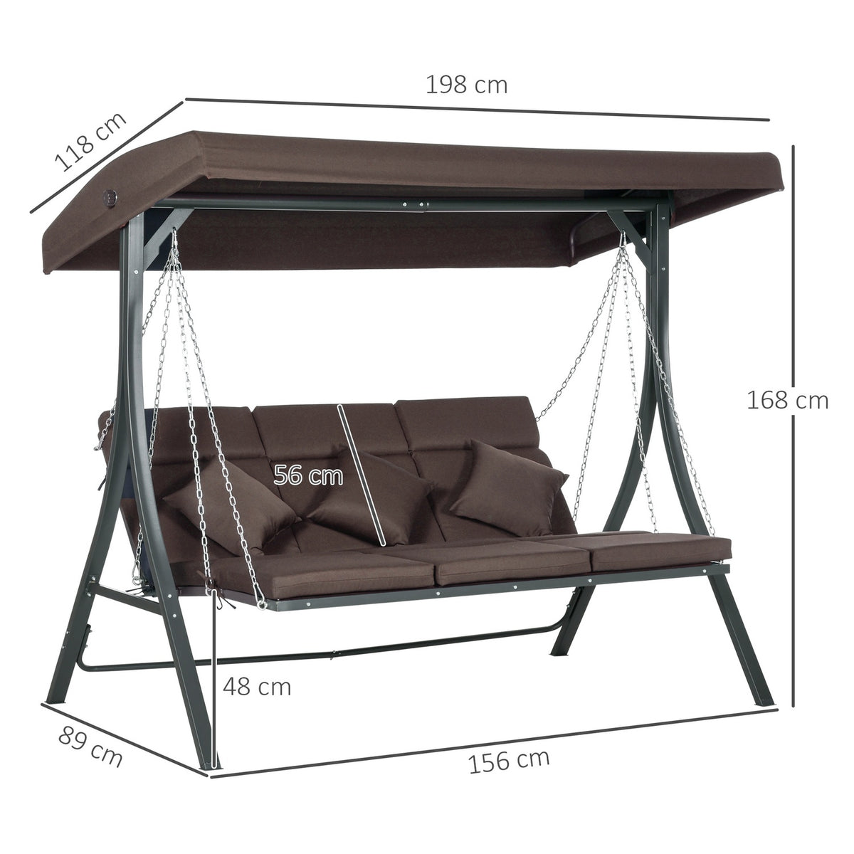 3-Seater Porch Swing, Swing Bench With Adjustable Sun Canopy, With Cushion, Load Capacity Up To 270 Kg, Metal, Textline, Brown