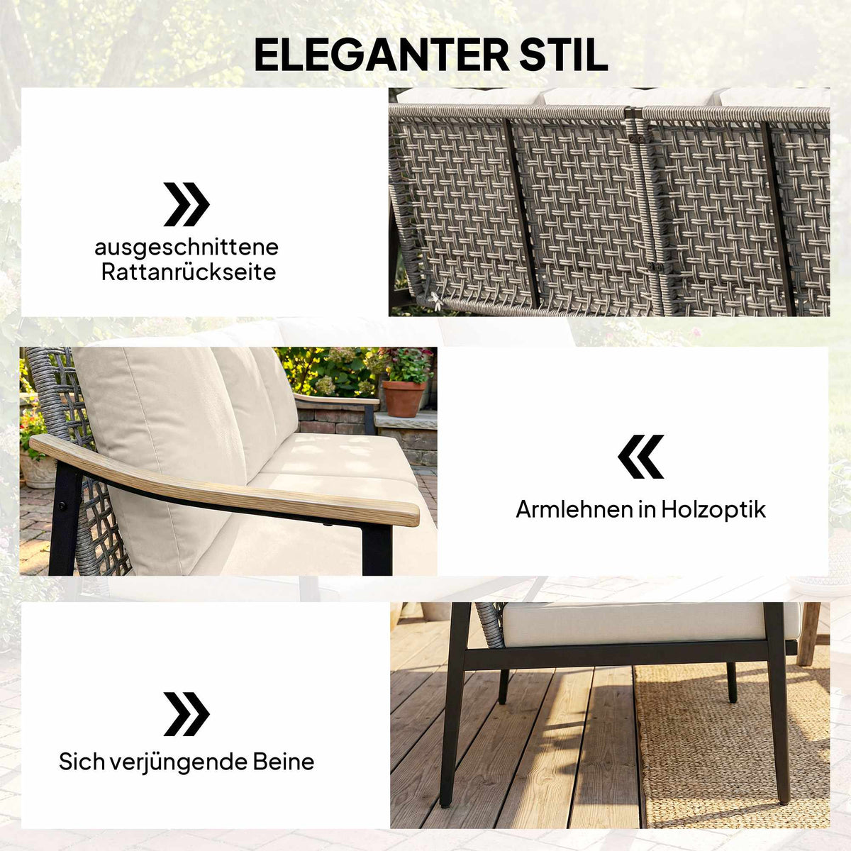 3-Seater Rattan Outdoor Sofa with Cushions, Steel Frame