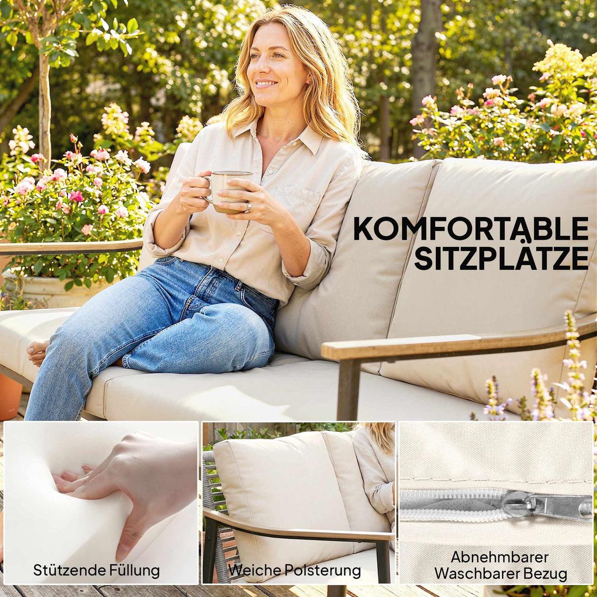 3-Seater Rattan Outdoor Sofa with Cushions, Steel Frame