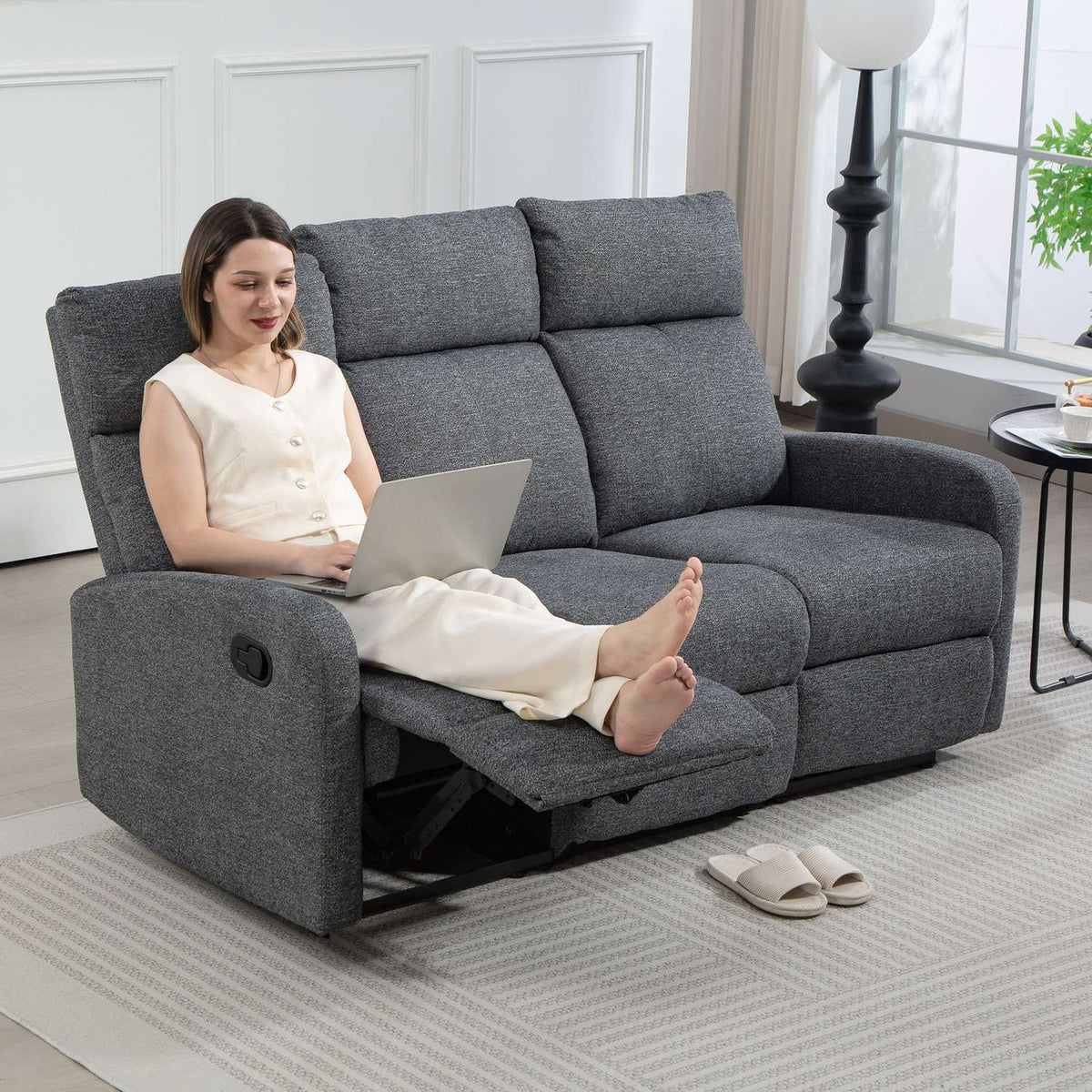 3-Seater Recliner Sofa, Adjustable Backrests, Grey Fabric