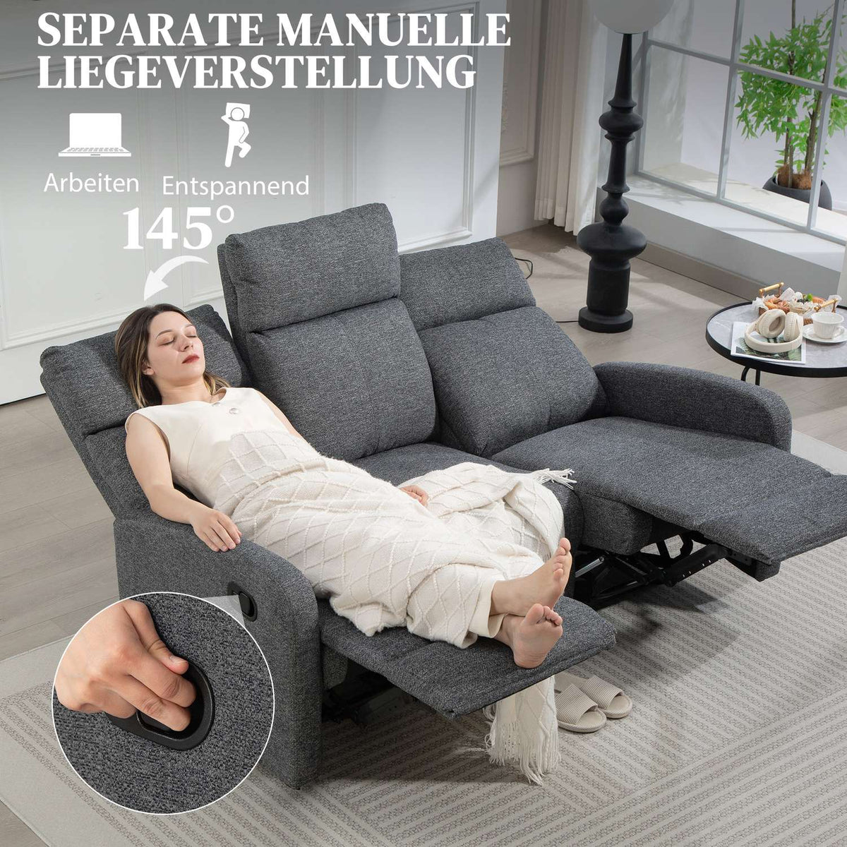 3-Seater Recliner Sofa, Adjustable Backrests, Grey Fabric