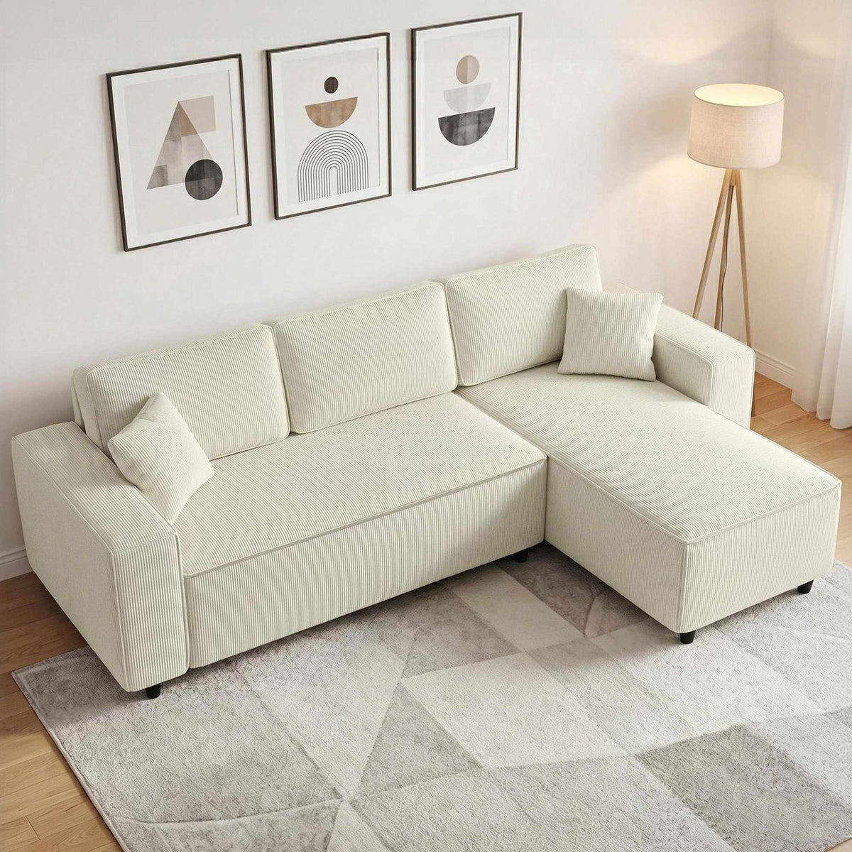 3-Seater Sectional Sofa with Reversible Chaise, Cream Corduroy