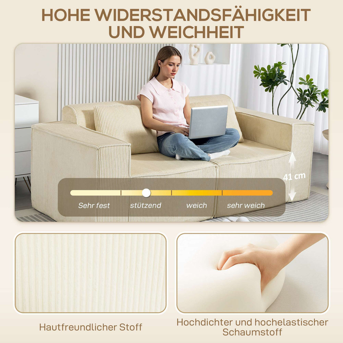 3-Seater Sofa, Cord Fabric, Wide Armrests, 2 Cushions, Beige
