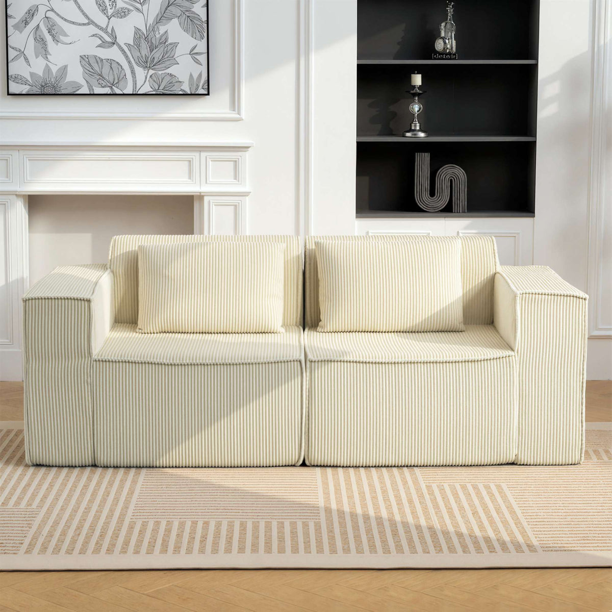 3-Seater Sofa, Cord Fabric, Wide Armrests, 2 Cushions, Beige