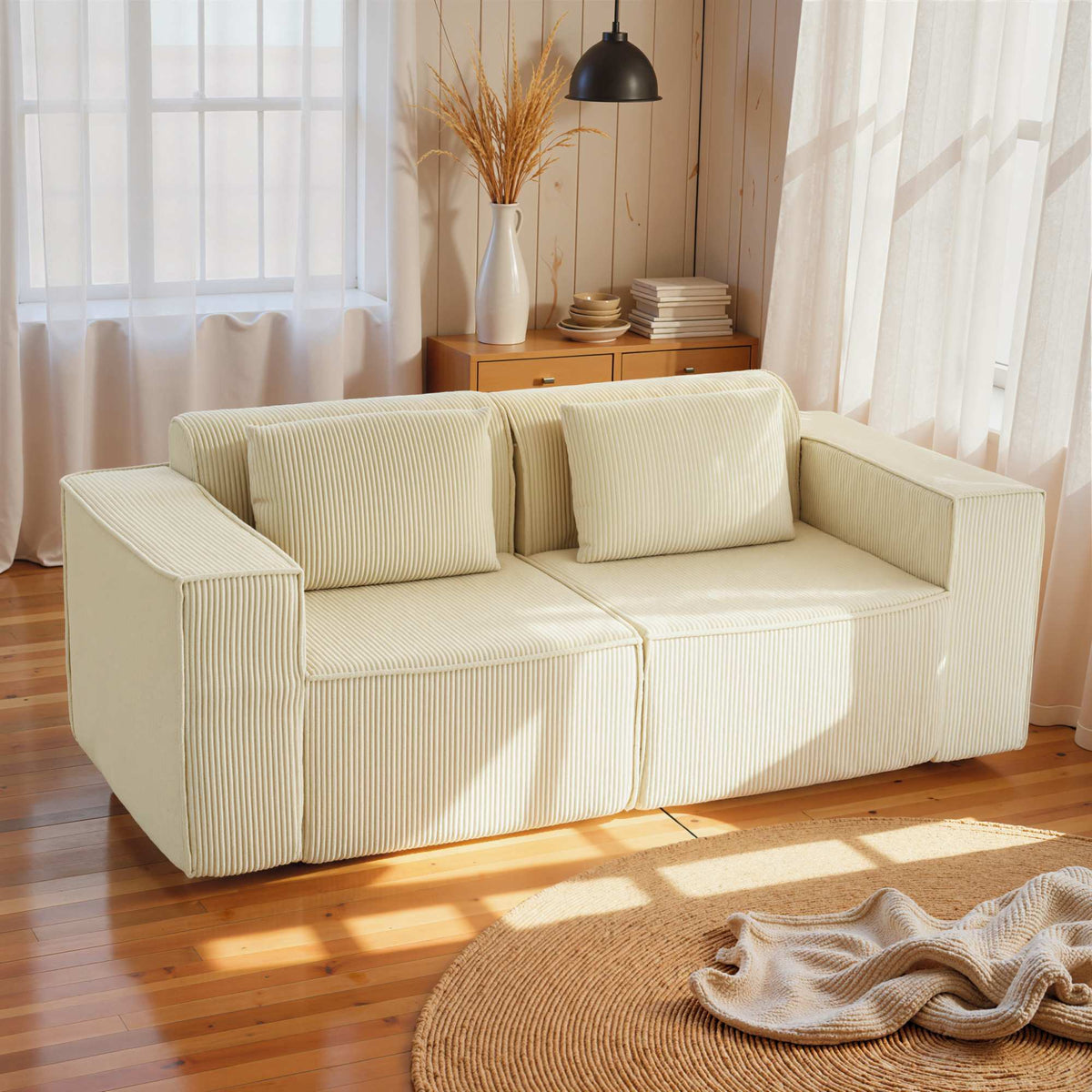 3-Seater Sofa, Cord Fabric, Wide Armrests, 2 Cushions, Beige